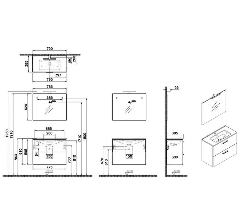 VitrA Mia 80 cm Anthracite with drawers