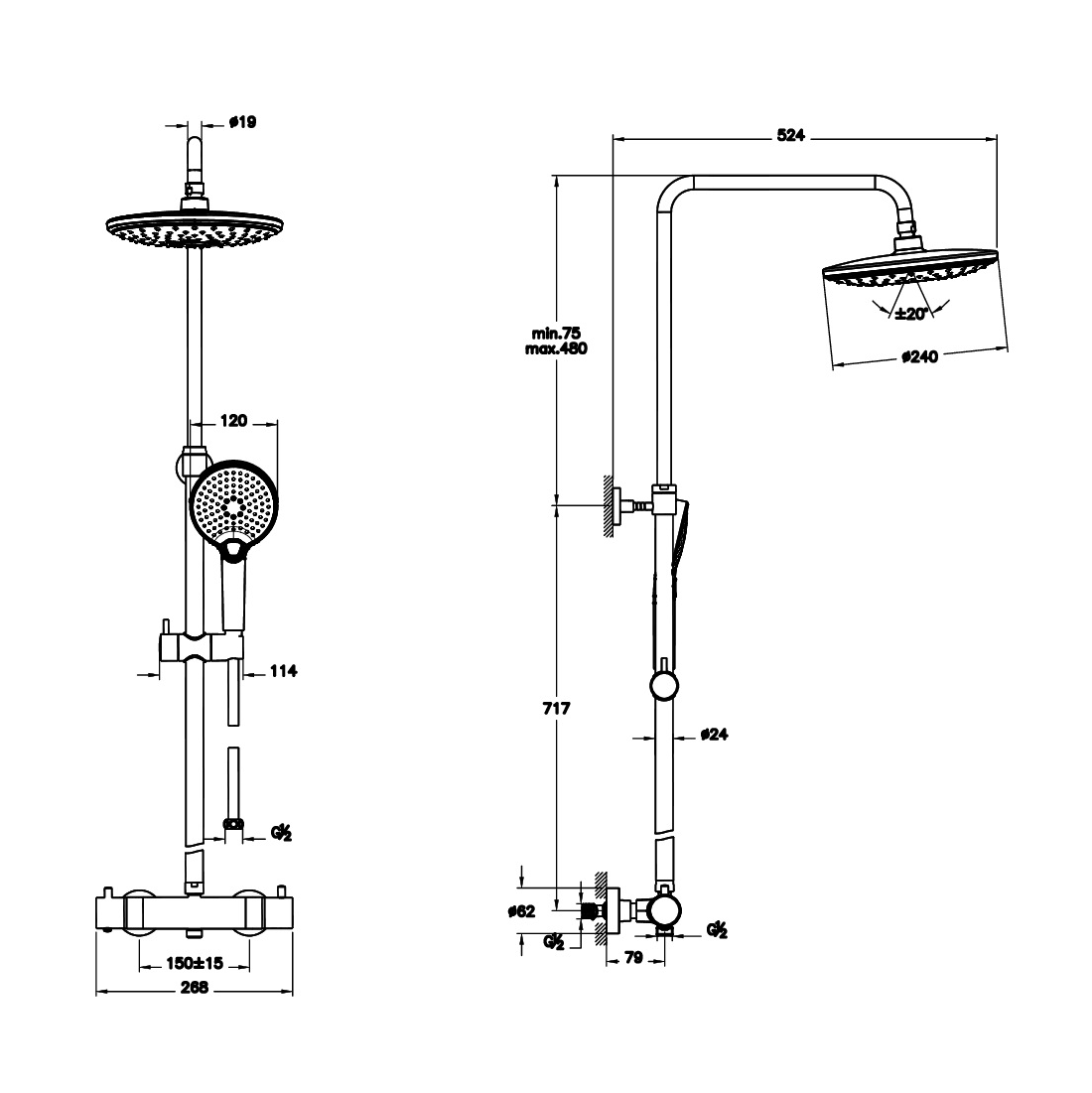 VitrA Aquaheat Bliss 240 2F Shower Column Matt Black