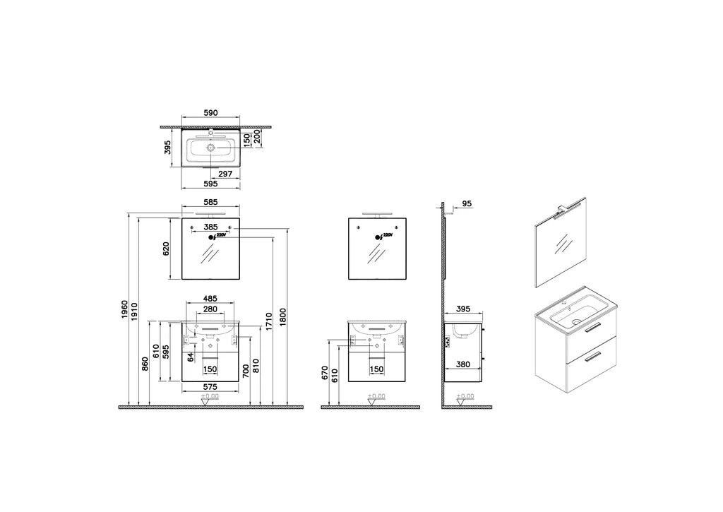 VitrA Mia 60 cm Cordoba (wood-look) with drawers